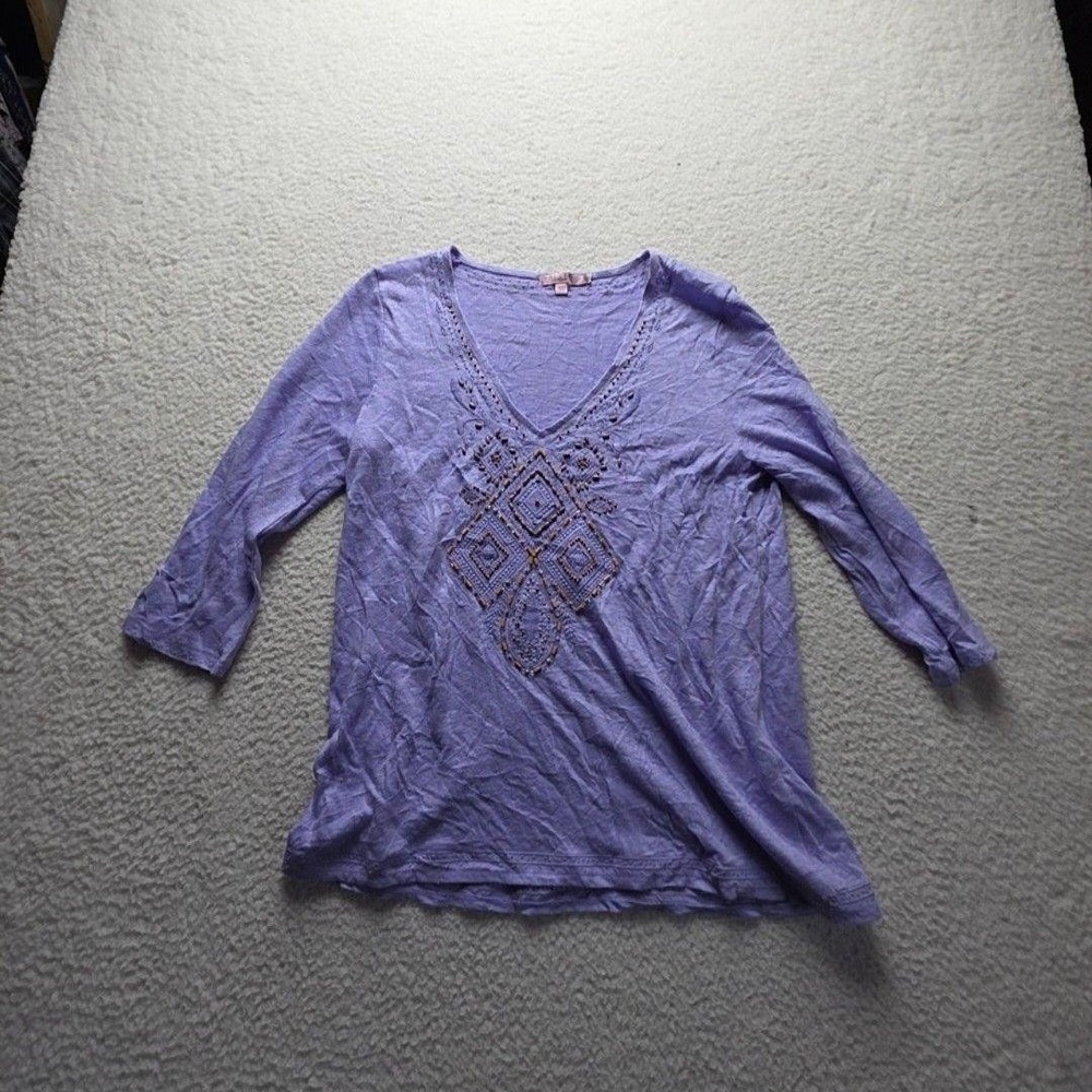 Calypso St. Barth Blouse Womens Small Purple V Neck 3/4 Sleeve Beaded Tunic Top
